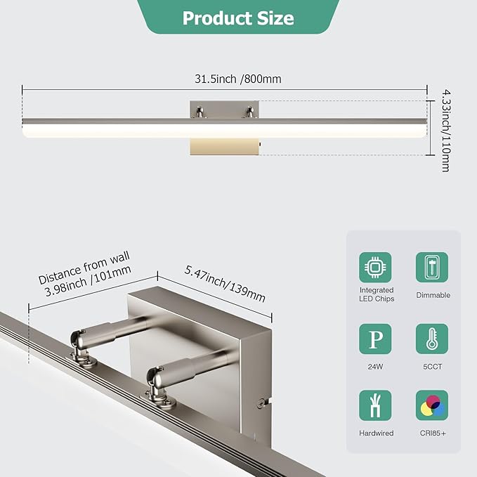 Brushed Nickel Vanity Light 31.5", 24W LED Dimmable Bathroom Light Bar with Adjustable Angle & 5CCT – Modern Long Wall Fixture for Bathroom, Powder Room, Bedroom, Apartment, Hotel