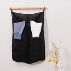 100% Pure Linen Dual Hanging Laundry Bag with 2 Deep Pocket and 2 Side Zipper 20x27in, Over The Door Laundry Hamper Space Saving Hampers for Dirty Clothes Home Travel, Black