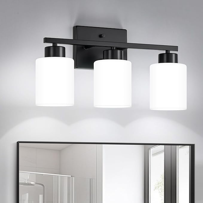Black Bathroom Light Fixtures, 3-Light Modern Vanity Light Over Mirror, Wall Sconces with Milky White Frosted Glass Shades, E26 Socket (Bulbs Not Included)