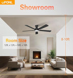 52 Inch Black Ceiling Fan with Light with Remote Control, Large Air Volume, modern ceiling fan with light for Bedroom Kitchen Dining room Patio- Flush Mount