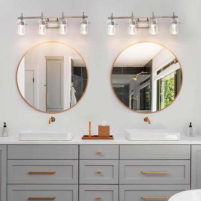 Bathroom Light Fixtures 4-Light, Brushed Nickel Vanity Light Over Mirror Dimmable 3 Color (3000K/4000K/6000K), Eye Protection LED Bathroom Lights Wall lamp Over Mirror with Clear Glass Shade