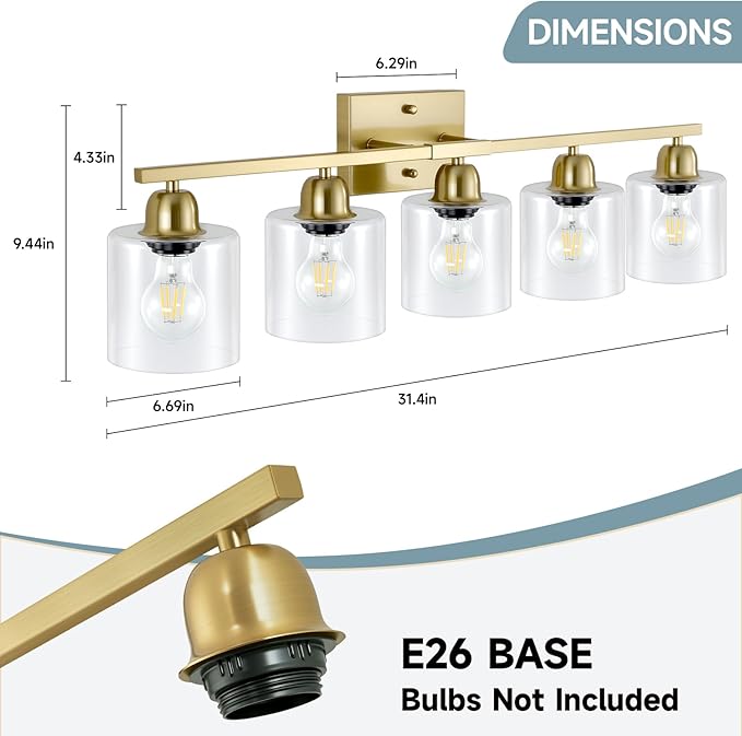 Modern Brushed Gold 5 Light Bathroom Vanity Light,31 inch Vanity Lights for Bathroom with Clear Glass for Mirror Kitchen Living Room Hallway Cabinet Porch