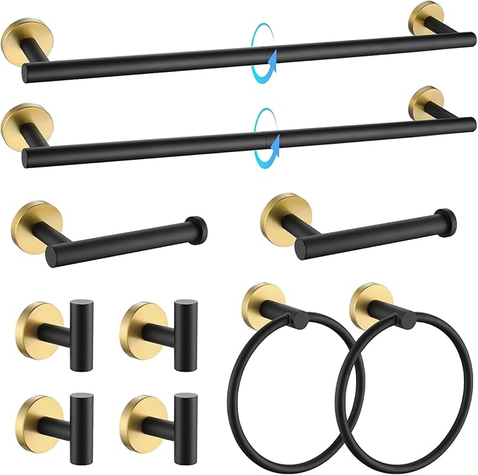TQKAG Black and Gold Bathroom Hardware Accessories Set 10-Pieces, Premium SUS304 Stainless Steel Bathroom Towel Bar Holder Set 23.6 Inch Round Towel Racks for Bathroom Wall Mounted