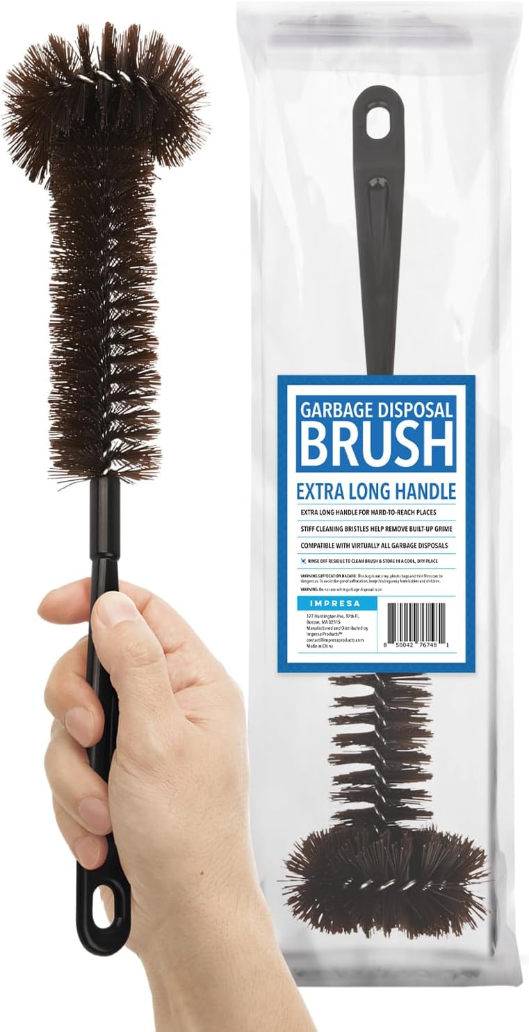 Impresa Garbage Disposal Cleaning Brush with Extra Long Handle - Eliminates Residue, Odor, and Build Up - Drain Cleaner Brush for Kitchen Sink (15 x 4 in Garbage Disposal Cleaner)