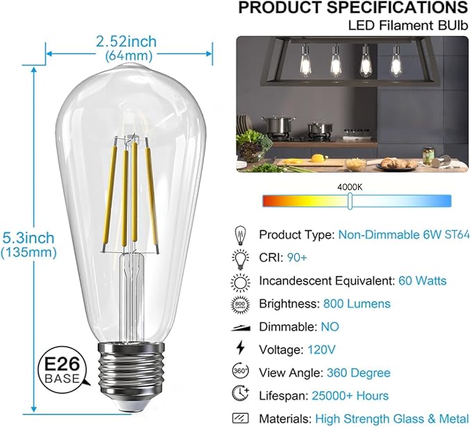 Jensense Edison LED Light Bulbs E26 Bulb 60 watt Equivalent Dimmable Light Bulbs 4000K Natural White Vintage 7W Edison Bulbs 110V 120V 800 Lumen CRI90, 4 Pack