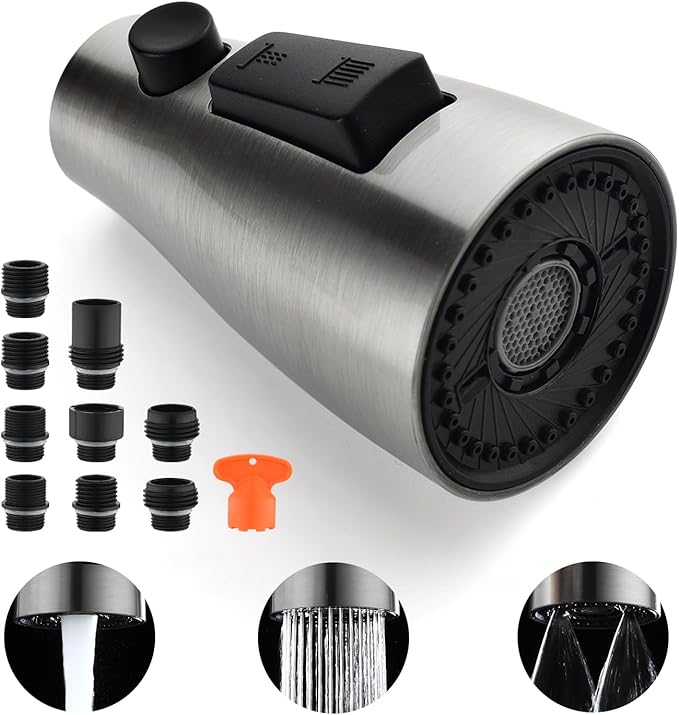 [Upgraded] GORDEE Kitchen Faucet Sprayer Head Replacement, 3-Function(Stream/Spray/Blade) Sprayer Spout Nozzle w/Check Valve, 1.8 GPM, 9 Adapters to Fit Most Standards of Faucets, Brushed Nickel