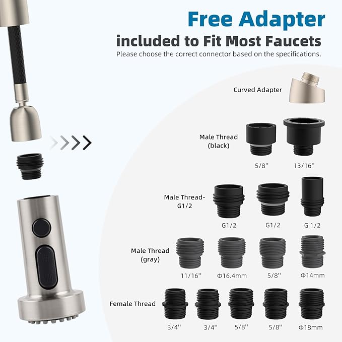 Hibbent Pull Down Kitchen Faucet Head Replacement, 3 Function Sink Faucet Sprayer Head Nozzle with 15 Adapters, Compatible with Moen, American Standard, Delta, Kohler Faucets, Brushed Nickel