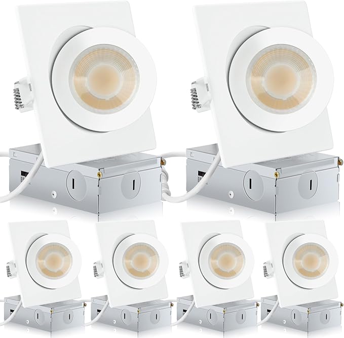 Square GimbalRecessed Lighting 4 Inch 6 Pack, Ajustable Eyeball recessed Light with Junction Box,5 Color Selectable,Airtight,9W 750LM,Dimmable,White