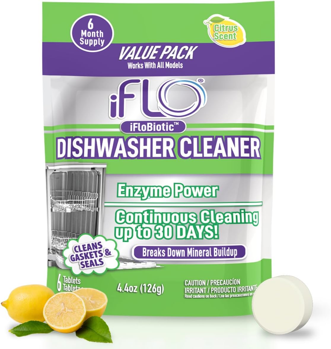 iFLO Dishwasher Cleaner Tablets with iFLObiotic – Deep Cleaning Dishwasher and Deodorizer Tablets to Eliminate Dish Washer Odor, Remove Residue & Freshen Dish Washer Machine Cleaner, 6 Pack