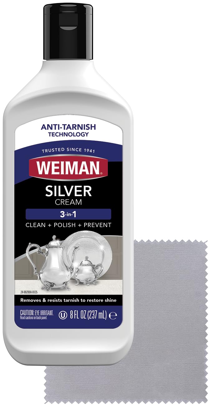 Weiman Silver Cream Cleaner 3-in-1, Anti-Tarnish Technology, Safely Clean, Polish, Shine & Restore, Removes & Prevent Tarnish, 8 Oz with Jewelry Polishing Cloth