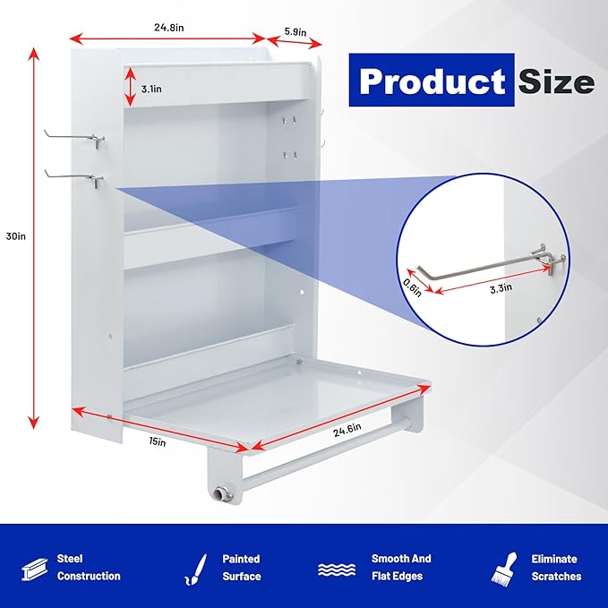 Trailer Door Cabinet Organizer, Flip-Out Work Tray & Paper Towel Rack Organizer with Hooks, Wall-Mount Work Station Storage Cabinet for Enclosed Race Trailer Garage Storage, White
