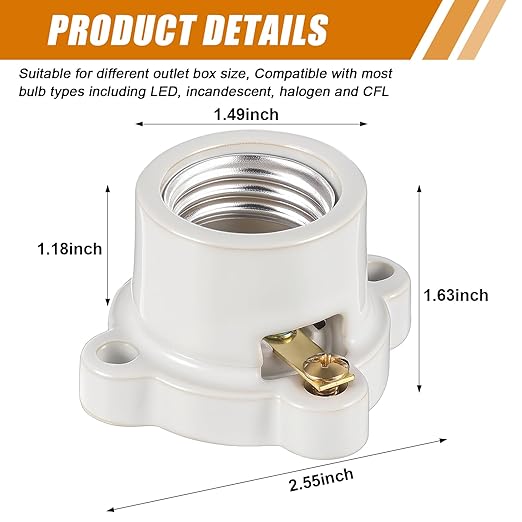 12 Pcs Porcelain Lamp Holder Socket E26/E27 Medium Keyless Threaded Socket with Two Hole Flanged Mounting 660W 250V Medium Base Lampholder Cleat Sockets for Indoor Garage Closet Lighting
