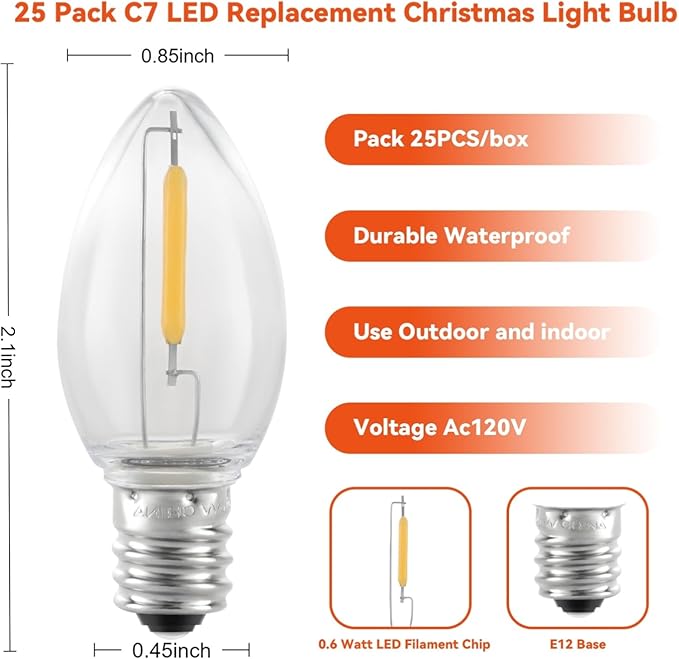 25 Pack C7 LED Replacement Christmas Light Bulbs,Clear 0.6W Energy Efficient E12 Candelabra Base,Shatterproof Warm White 2700K for Christmas Trees,Holiday String Decorations,Patio,Garden,Halloween