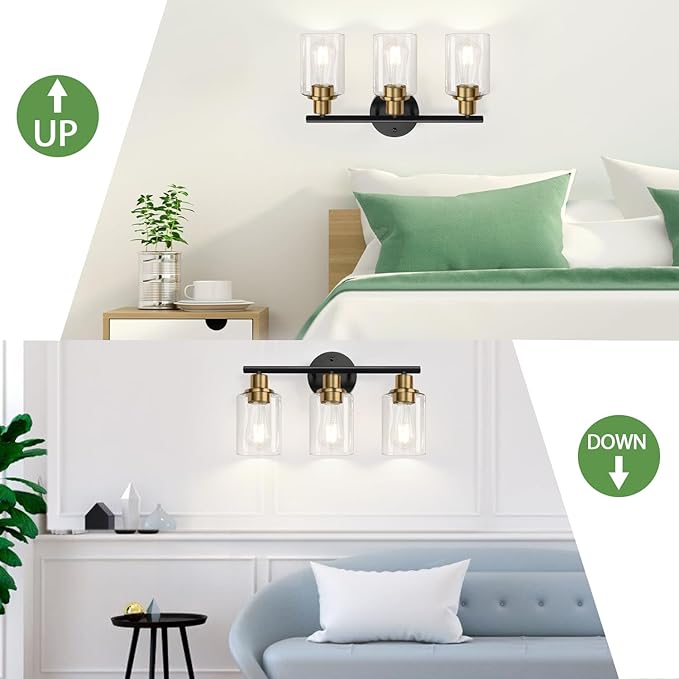3-Light Bathroom Light Fixtures, Black and Gold Bathroom Wall Lights, Modern Vanity Light with Clear Glass Shade, Bathroom Wall Lamp for Mirror Kitchen Bedroom Hallway Cabinet
