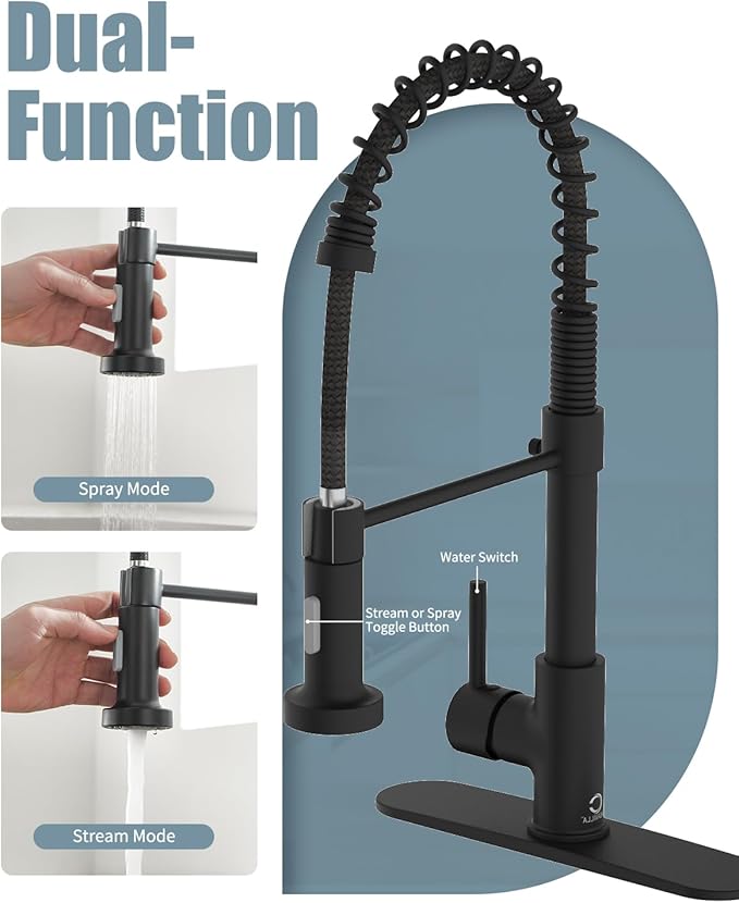 Kitchen Faucet Set, Black Kitchen Sink Faucets with Pull Down Sprayer and Soap Dispenser, Single Handle Stainless Steel Faucets for Kitchen Sinks, Farmhouse RV Faucet with Deck Plate