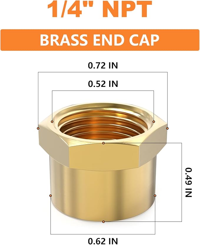 GASHER 1/4"NPT Brass Pipe Cap, NPT Female Thread Socket Pipe End Cap Plugs Fitting 5PCS