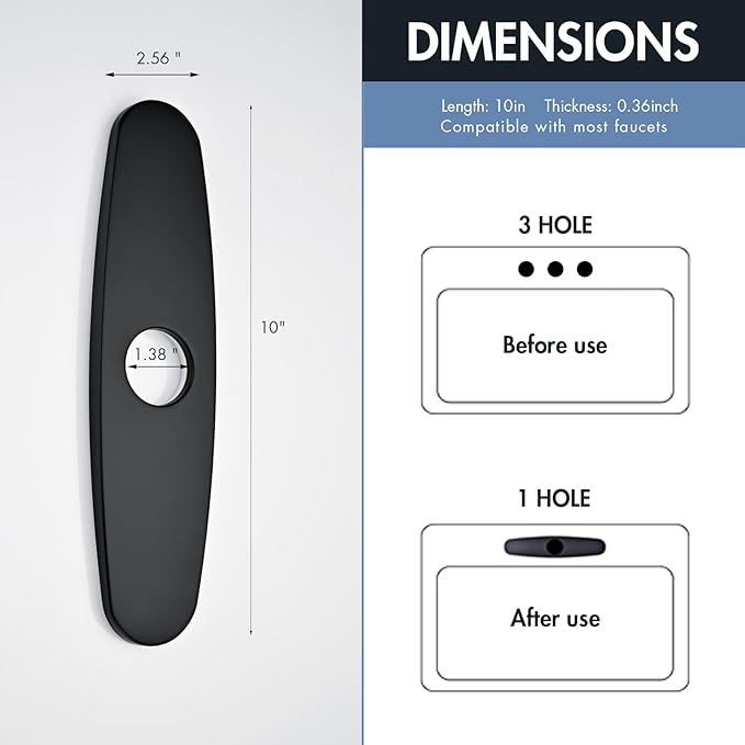 Faucet Cover Plate, Stainless Steel Deck Plate for Kitchen Sink Faucet Single Hole or Bathroom Faucet 1-3 Hole Faucet Hole Cover Round 10 Inch (Matte Black)