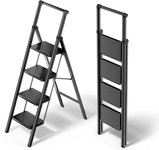 WOA WOA 4 Step Ladder, Foldable Ladder with Wide Pedals and Handle, Sturdy Ladders for Home and Kitchen with Anti-Slip Feet, Supports up to 330 lbs - Black