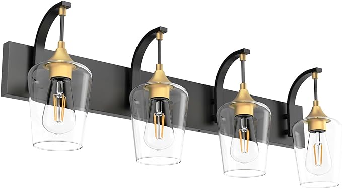Ralbay Black/Gold Bathroom Vanity Light 4-Lights Industrial Black Vanity Lights Clear Glass Vintage Edison Wall Mount Light Fixtures for Bathroom