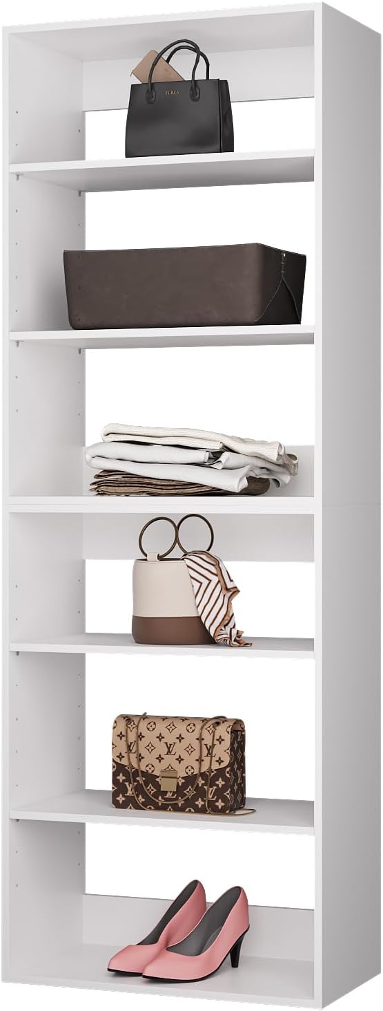 ROOMTEC Modular Closet System, 25.5" Shelf Closet Tower Wall-Mounted Closet Organizer, Wooden Tower for Walk-In Closets, Wardrobe Storage Kit, White