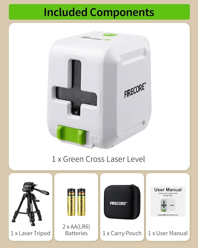 Firecore Laser Level with Tripod, Self Leveling Laser Level Green Cross Line Laser Leveler Tool for Picture Hanging Wall Tile Home Renovation Indoor Projects, Carry Pouch and Battery Included