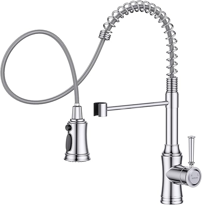 Kitchen Faucet with Pull Down Sprayer, Hurran Commercial Stainless Steel Kithcen Faucets, Single Handle Spring Faucets for Kitchen Sink, Sink Faucet for Farmhouse Wet Bar or RV, Chrome