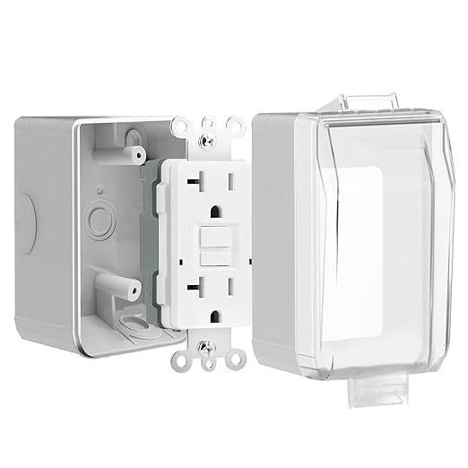 20 Amp GFCI Outdoor Electrical Outlet Box, Nonmetallic Heavy Duty Box IP66 Waterproof and NEMA 5-20 Self Test GFCI Outlet Kit, 3.15 Inch Deep, Lockable, Clear/Gray, UL Listed