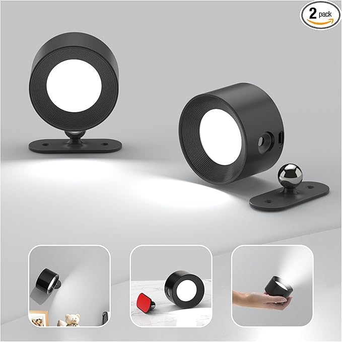 Koopala 2PCS Rechargeable Battery Operated LED Wall Lamps, Wall Mounted Lights with 3 Brightness 3 Color Temp Removable Charging 360°Rotate Magnetic, Cordless Wall Sconces for Reading Bedside-Black