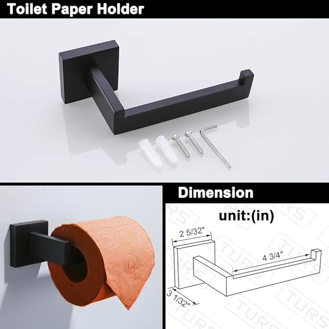 TURS Black Bathroom Towel Bar Set Square 5 Pieces Bathroom Hardware Set Matte Black Towel Holder Set Wall Mounted,SUS304 Stainless Steel, 23.6 Inch