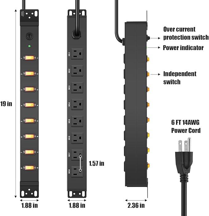 HHSOET 1U Rack Mount Surge Protection, 8 Outlet PDU Power Strip, Metal Mountable Outlet Strip with Switch, 6ft Power Cord.