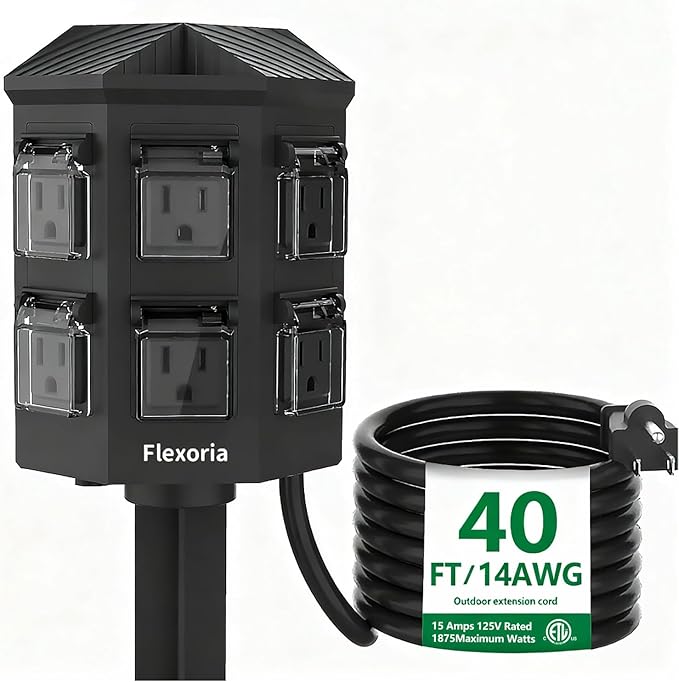 Outdoor Power Strip Waterproof, 40 FT Extension Cord, 6 Grounded Outlets for Halloween/Christmas Decorations and Inflatables, 15A/1875W, ETL Listed