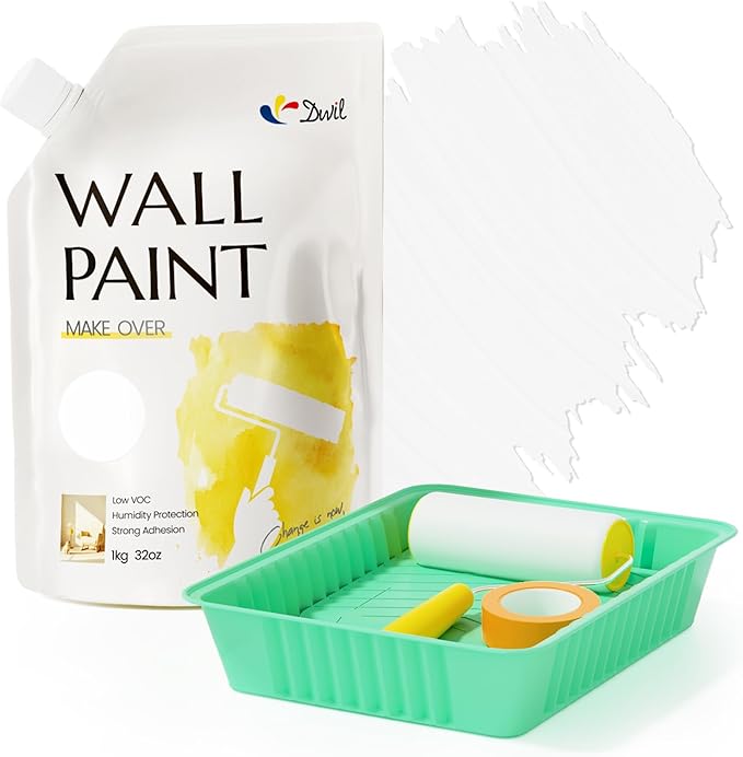 DWIL White Paint for Wall, Water-Based Ceiling Paint with Roller Kit - Interior/Exterior - No Sanding, Quick Drying, Low Odor - Perfect for Wall, Ceiling & More, 50-55sq.ft, 32 Oz, Semi-Gloss White