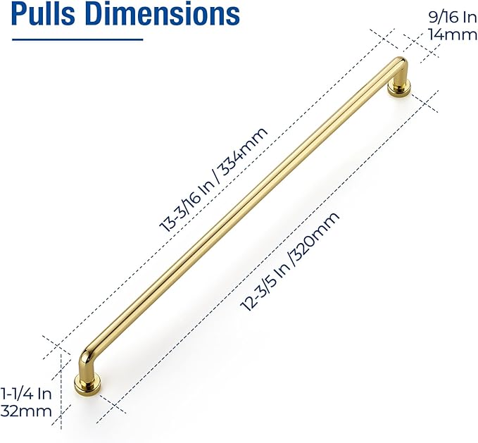 JOY DECOR Cabinet Pulls – 12-3/5 Inch Hole Center, Polished Brass, 2 Pack, Zinc Alloy Cabinet Handles for Drawers & Cupboard – Vintage Style Hardware for Kitchen, Bathroom, Dresser, Furniture Makeover