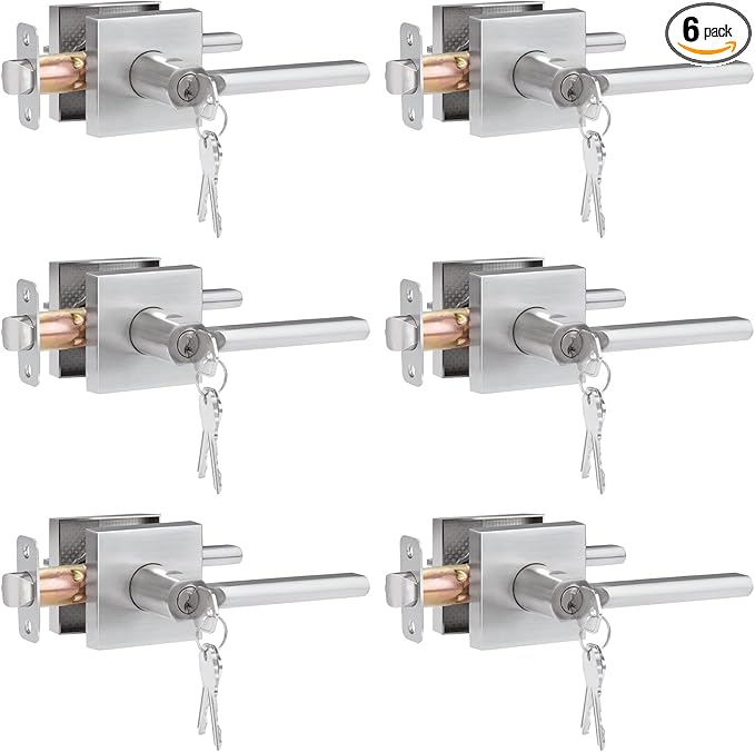 HOSOM 6 Pack Entry Exterior Door Levers Locksets with Lock and Keys Door Knobs Interior Modern Entrance Door Handle Heavy Duty Door Lock, Satin Nickel