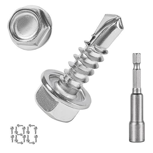 QSJ 180 PCS #8 x 5/8'' Sheet Metal Screws 410 Stainless Steel Hex Washer Head Fast Self Tapping Screws with Screwdriver