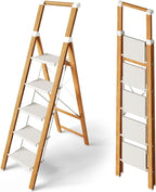 Taranta 5 Step Ladder, Portable Folding Ladder with Wide Pedal, Lightweight Aluminum Step Stool with Convenient Handgrip, 330 lbs Capacity Stepladder for Home, Office - White Woodgrain