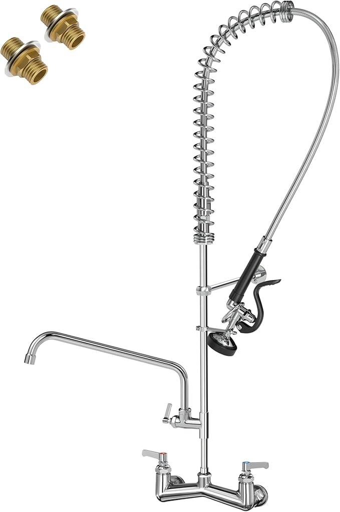 Commercial Sink Faucet Wall Mount with Pre Rinse Sprayer 8 inch Center Wall Mount Kitchen Sink Faucet 42" Height with 14" Add-on Swing Spout for 1/2/3 Compartment Sink