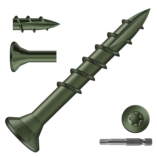 #8 x 1-1/4" Deck Screws (183Pcs) 1lb. Exterior Wood Screws. Carbon Steel, Green, Flat Head, Rust Resistant epoxy Coated, with T25 Star Bit