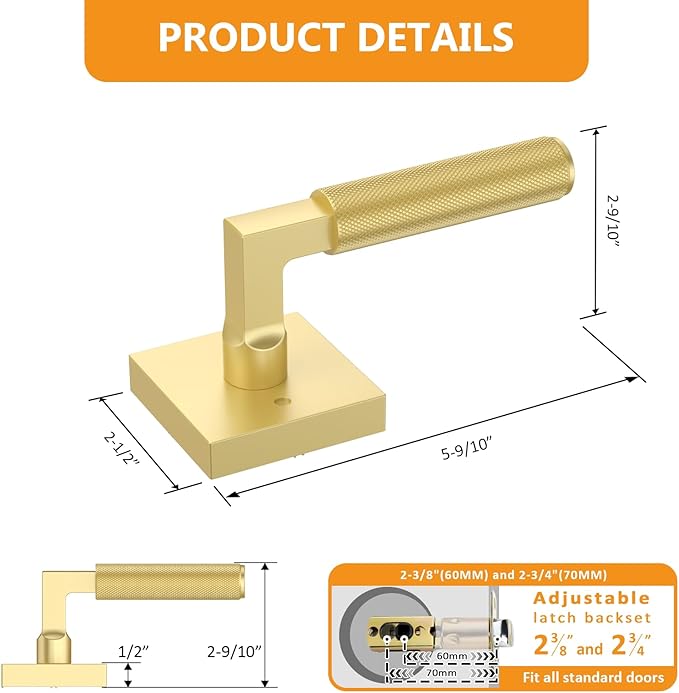 Amerdeco 3 Pack Privacy Door Handles - Brushed Gold Interior Lever, Knurled Heavy Duty for Bedroom and Bathroom, Reversible Keyless for Right & Left Side AM0021