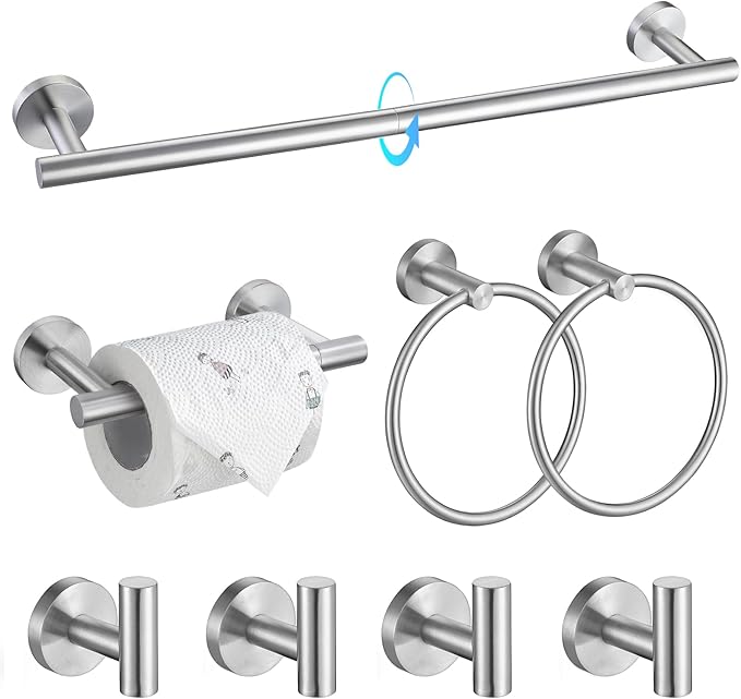 TQKAG 8-Pieces Bathroom Hardware Set Brushed Nickel SUS304 Stainless Steel Bath Towel Bar Set 23.6 Inch Round Bathroom Accessories Kit Wall Mounted