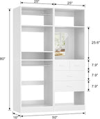 Unikito 50” Closet System with 4 Drawers, 4.2FT Wood Closet Organizer with Hanging Rods and Mirror, Reversible Small Walk in Closet Wardrobe, Adjustable Sturdy Clothes Garment Rack, Set of 2, White