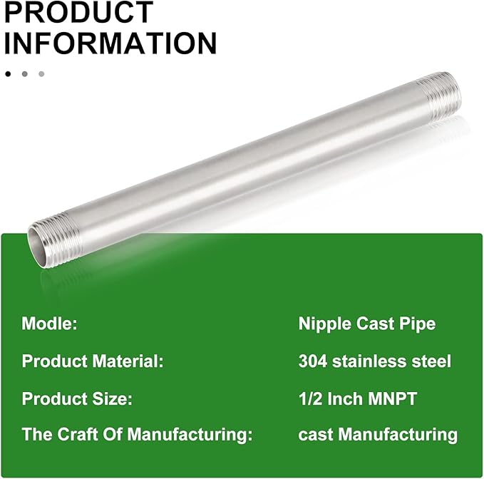 TAISHER 2Pcs Stainless Steel Pipe Fittings, 1/2" NPT x 1/2" NPT Male Threaded, 10" Length Nipple Cast Pipe