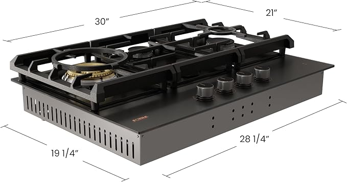 FOTILE GLG30401-Y 30” Moonshadow Tempered Glass 4 Gas Cooktop, Tri-Ring 18,000 BTUs Center Burner with Flame Failure Protection Removable Grates and Installation/LP Kit