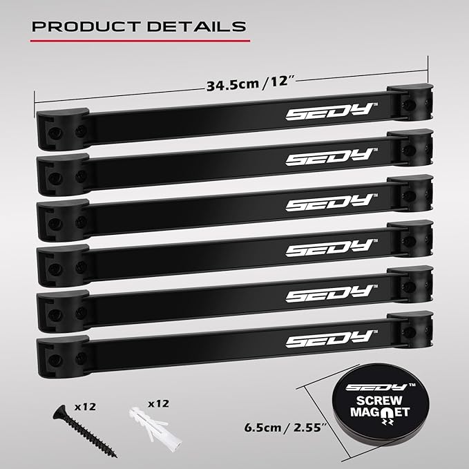SEDY 7-Piece 12" Magnetic Tool Holder Storage Organizer, Garage Wall Mount Rack Organization Strip Power Magnet Organizers Mounted Workbench Board Slatwall Van Hanger