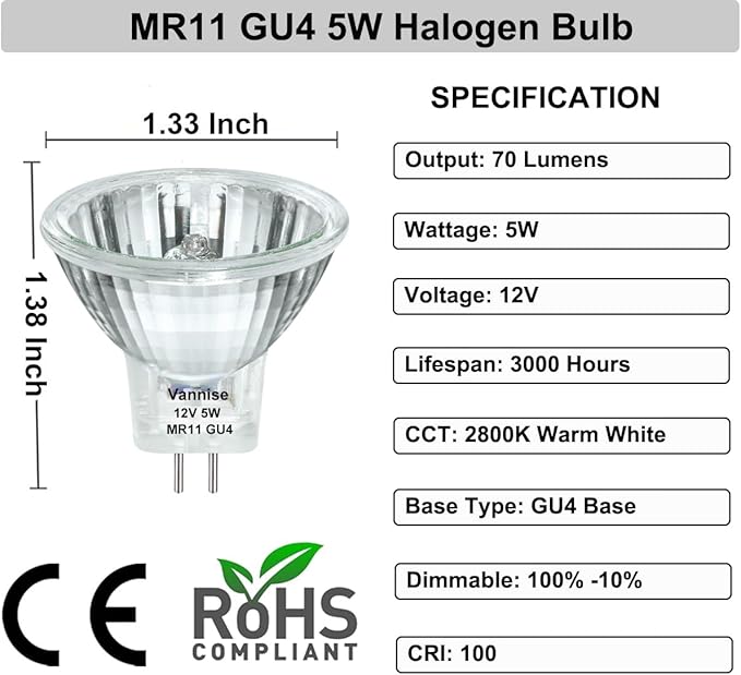 GU4 Bulb 5W 12V, 6 Pack GU4 Base MR11 Halogen Bulb, GU 4 Bulbs Dimmable with Glass Cover, Fiber Optic Light Bulb 2800K Warm White, MR11 12V 5W for Landscape, Accent, Track Lighting