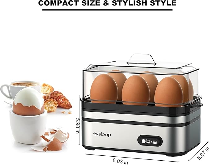 Evoloop Rapid Egg Cooker Electric 6 Eggs Capacity, Soft, Medium, Hard Boiled, Poacher, Omelet Maker Egg Poacher With Auto Shut-Off, BPA Free