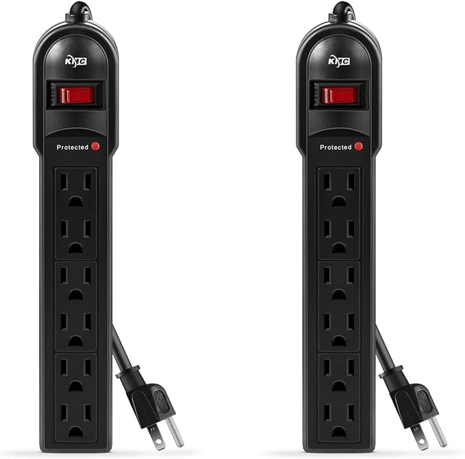 KMC 6-Outlet Surge Protector Power Strip 2-Pack, 600 Joule, Overload Protection, 2-Foot Cord
