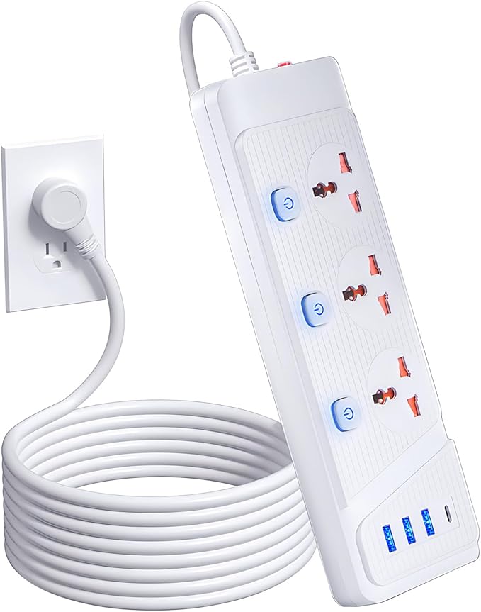 Power Strip with 45 Degree Plug and 10ft Long Cord, 3 Universal Socket, 2500W Circuit Breaker, 4 USB Ports Desktop Charging Station(3 USB-A & 1 USB-C)