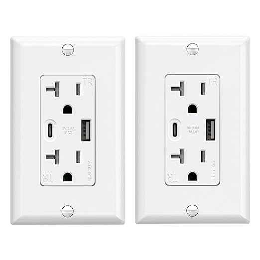 ELEGRP USB Wall Outlets, 20 Amp USB C Wall Outlets Receptacles, Outlets with USB A and C Ports, Tamper Resistant Receptacle, Wall Plate Included, UL Listed, 2 Pack, White