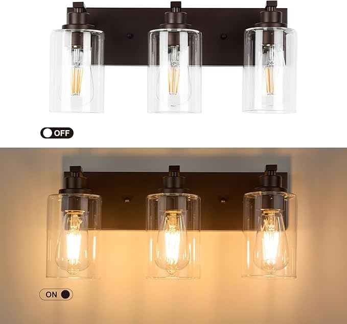 3-Light Bathroom Light Fixtures Modern ORB Vanity Lights for Bathroom Lighting Fixtures Over Mirror with Clear Glass Shade for Cabinet Mirror Bedroom Hallway